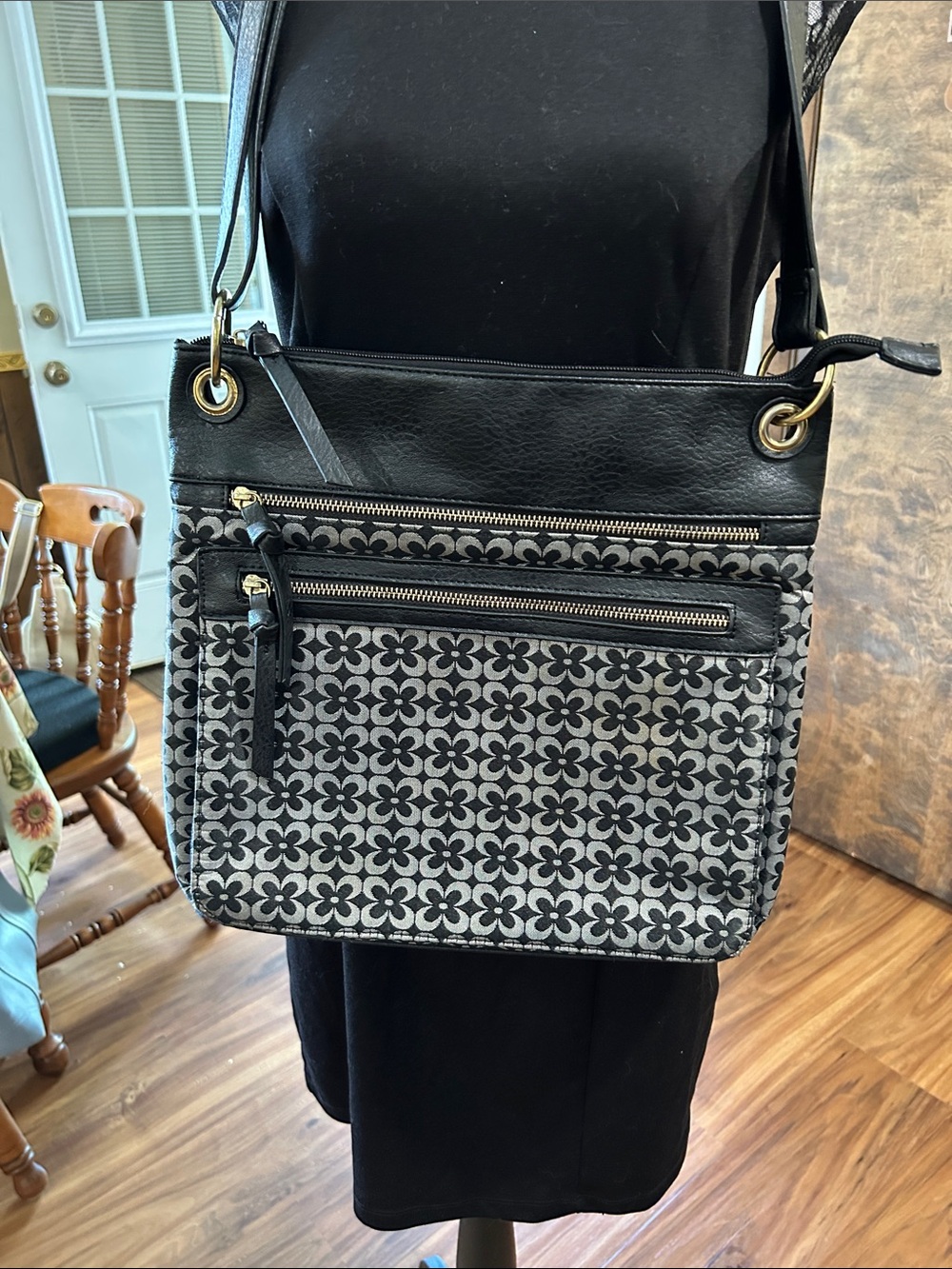Bueno Black Patterned Crossbody Bag with Gold Hardware